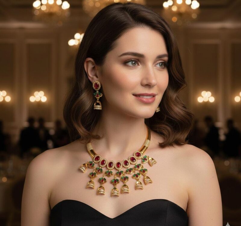 AD-Brass-Choker-Latkan-with-Earrings-Red-Green.