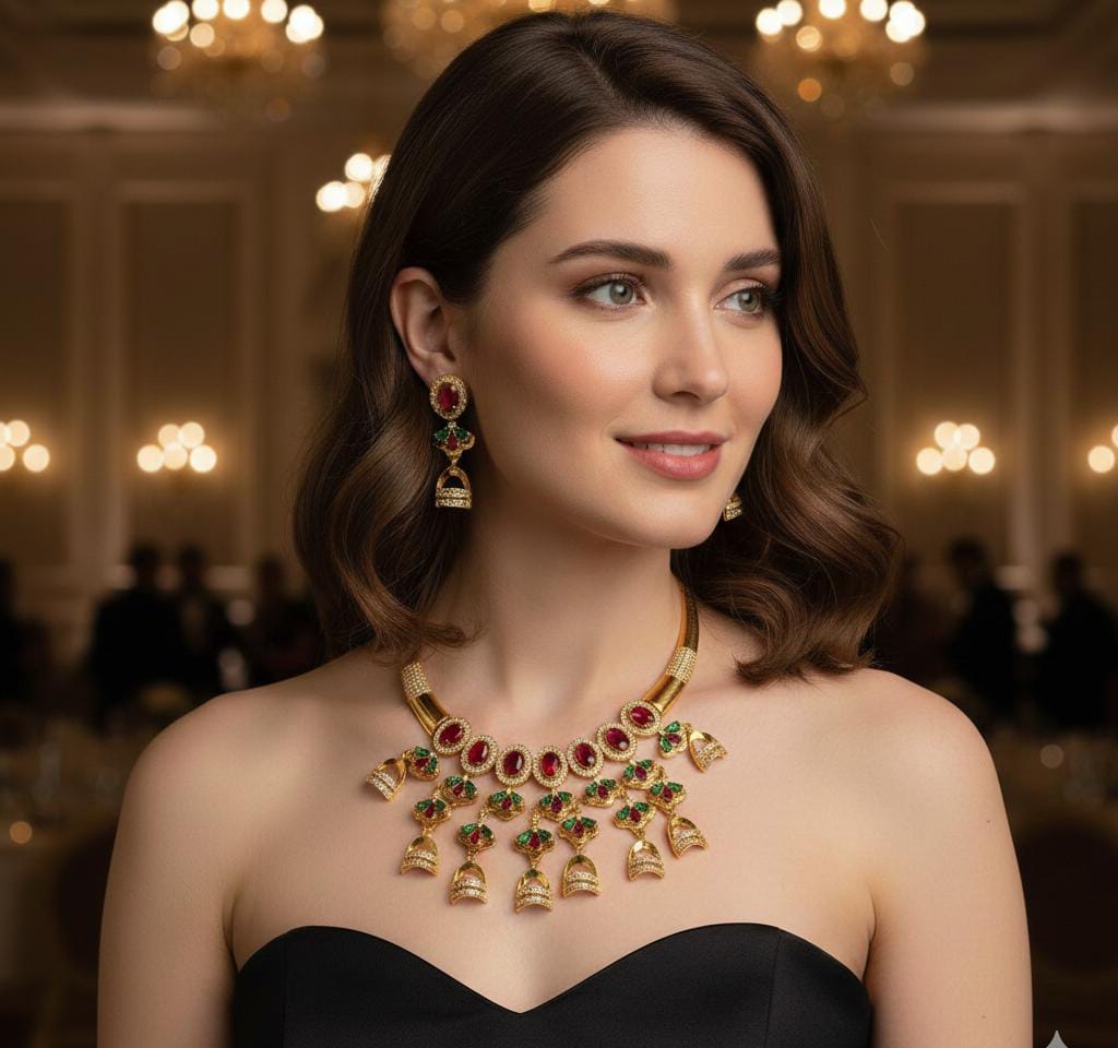 AD-Brass-Choker-Latkan-with-Earrings-Red-Green.