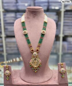 AD-Kundan-Long-Necklace-with-Earrings-Dark-Green-Red-Yellow