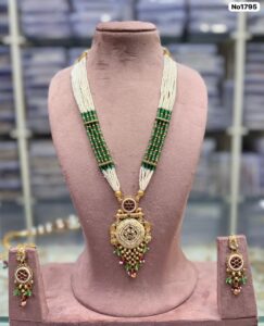 AD-Kundan-Long-Necklace-with-Earrings-Dark-Green-White