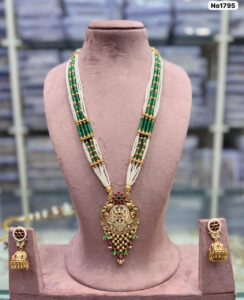 AD-Kundan-Long-Necklace-with-Earrings-Dark-Green-White-Yellow