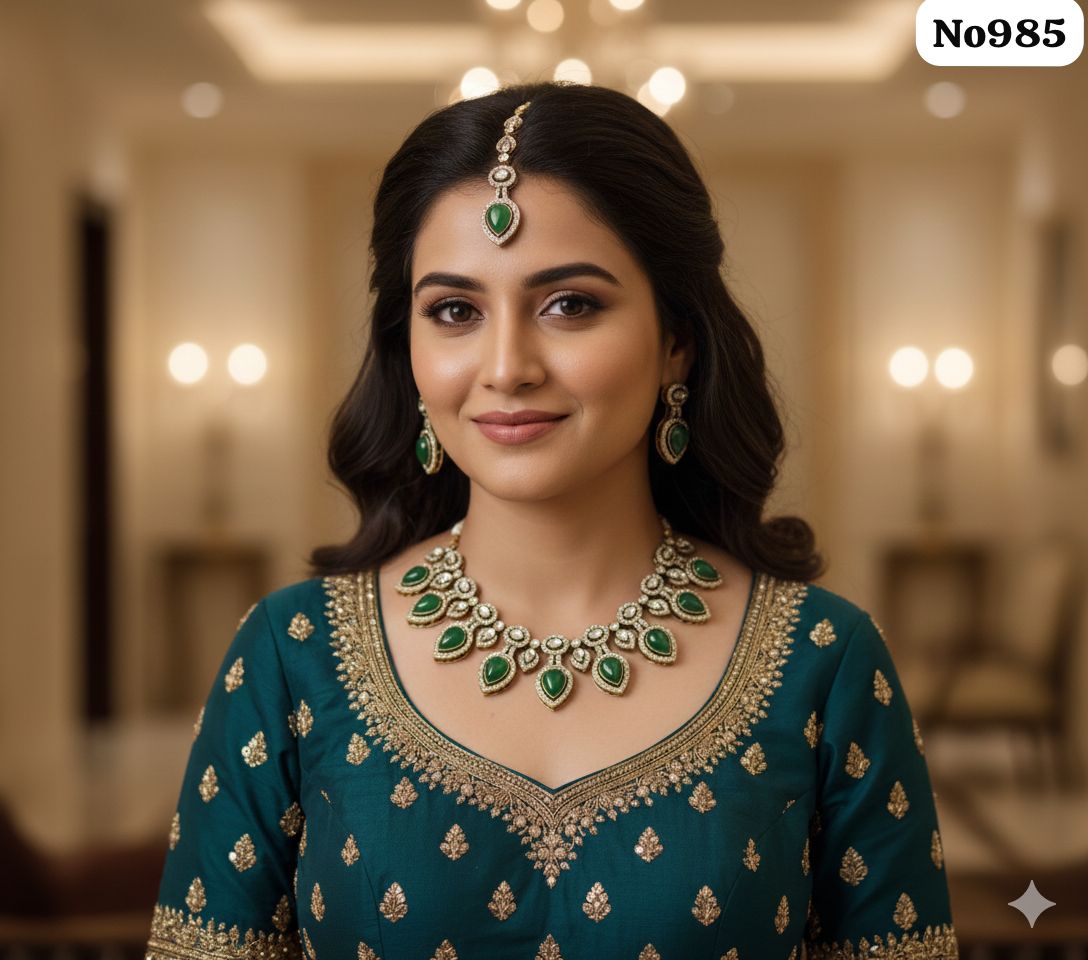 AD-Short-Necklace-with-Earrings-and-Tika-Dark-Green