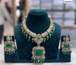 Kundan-Choker-with-Earrings-and-beads-Dark-Green