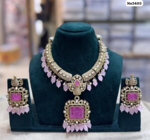 Kundan-Choker-with-Earrings-and-beads-Light-Pink-beads-Pink-Stone