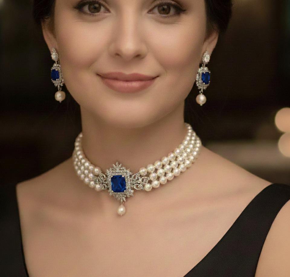 White 3 Layer Choker Pearl with Earrings