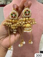 Kashmiri-Earrings-with-White-Pearls-Dark-Green-Red