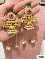 Kashmiri-Earrings-with-White-Pearls-and-Dark-Green-and-Red