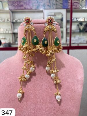 Kashmiri-style-dangle-earrings-White-perals-and-dark-green-stone