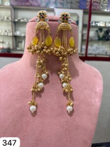 Kashmiri-style-dangle-earrings-White-perals-and-yellow-stone