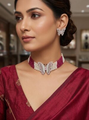 Butterfly-Pearl-Choker-Necklace-Reddish-Pink