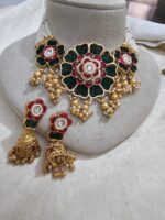 Floral-Kundan-Meenakari-Choker-Necklace-Set-with-Jhumka-Earrings