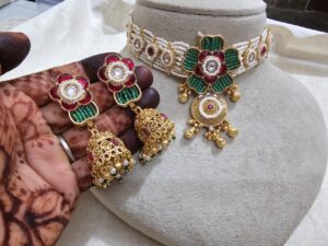 Pearl Kundan Meenakari Choker Necklace Set with Jhumka Earrings