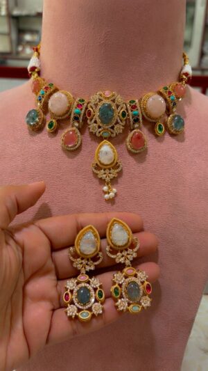 Traditional Multi-Stone Kundan Choker Necklace Set Multi Colour Blue Stone