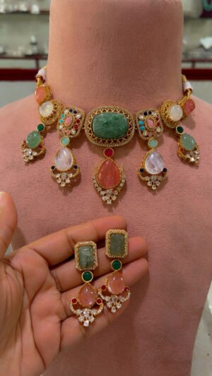 Traditional-Multi-Stone-Kundan-Choker-Necklace-Set-Multi-Colour-Light-Green