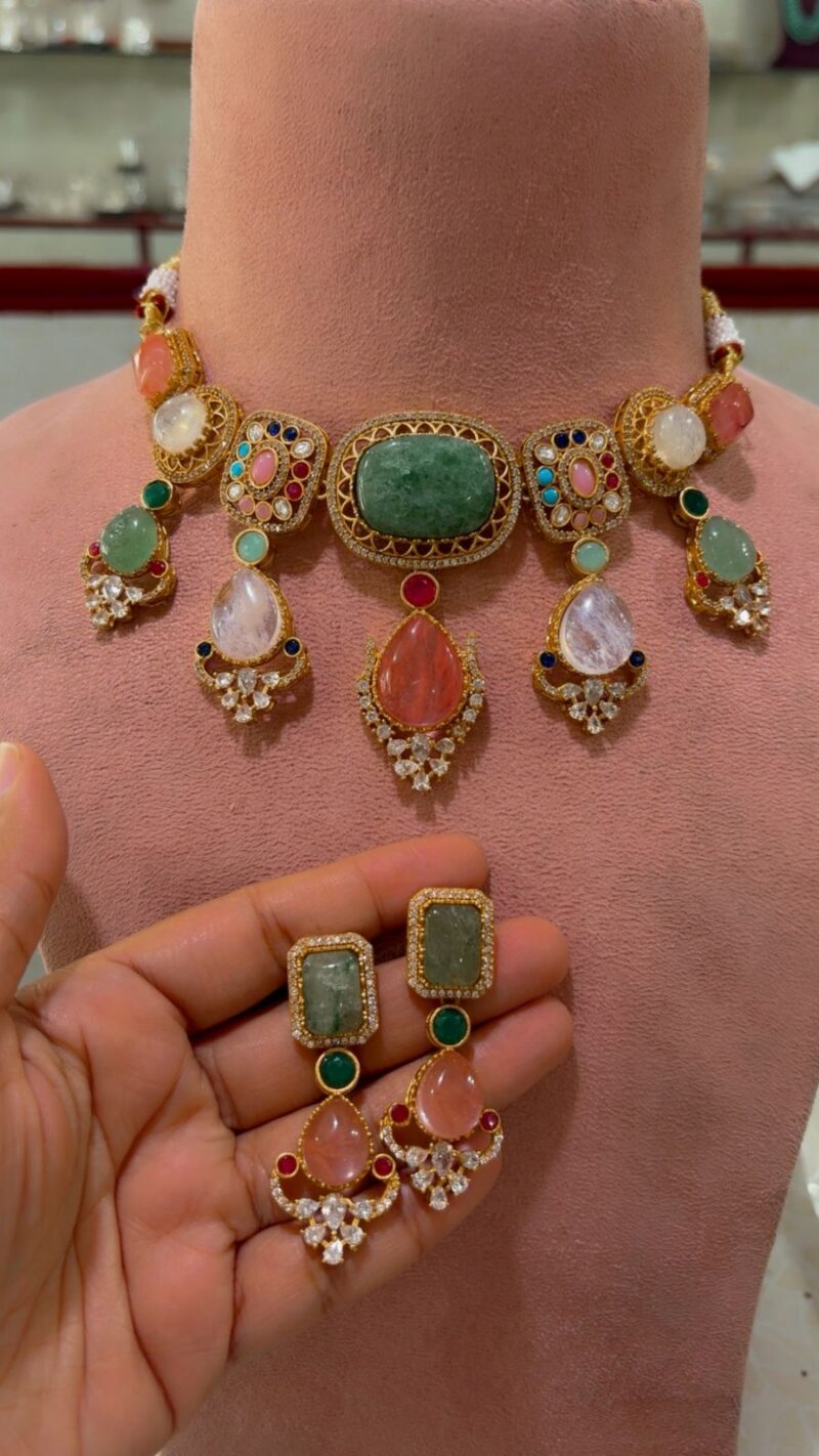 Traditional-Multi-Stone-Kundan-Choker-Necklace-Set-Multi-Colour-Light-Green
