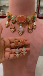 Traditional-Multi-Stone-Kundan-Choker-Necklace-Set-Multi-Colour-Light-Pink