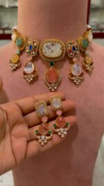 Traditional-Multi-Stone-Kundan-Choker-Necklace-Set-Multi-Colour-White-Stone